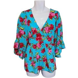 Betsy Johnson Tunic Top Women's M Colorful Floral Bell Sleeve Tie Sash Blouse